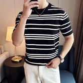 Threebooy New Trend Men Business Striped T Shirt Light Luxury Knitted Short Sleeve T-shirt Fashion High Quality Stretchy Slim-fit Tops