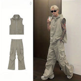 Threebooy Street Tracksuit Niche Deconstruction Design Cargo Vest Men's Summer Pleated Work Pants Set of High-end Sleeveless Vest Urban