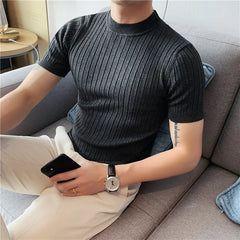 Threebooy Men's Summer High-quality Casual Short Sleeves Knitted T-shirt/Male Slim Fit High Collar Thin Stripe Knitting Tees S-4XL