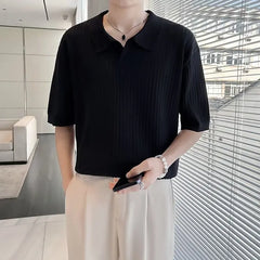 Threebooy Men's Clothing Light Luxury Knitted Polo Shirt Casual Stripe V-Neck Solid Color Short Sleeve T-Shirt Breathable Fashion Knitwear