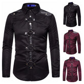 Threebooy Mens Punk Gothic Rivet Long-Sleeve Casual Shirt 2024 New Genderless Fashion Retro Solid Color Slim Party Stage Clothing Unisex