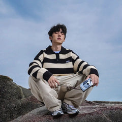 Threebooy American autumn and winter high street men and women trendy personalized striped lapel shirts for couples loose retro casual top