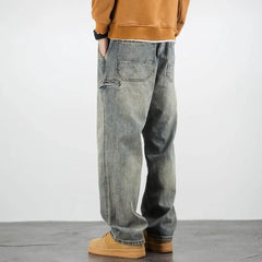 Threebooy American Casual Denim Pants Solid Color Retro Wide Leg Straight Mid Waist Pockets Bottoms Loose Fit Jeans Men Clothes