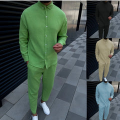 Threebooy Spring and autumn men's cotton and linen lapel comfortable casual shirt set fashion long sleeve cargo pants solid color two-piec
