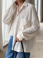 Threebooy Autumn French Vintage Hollow Long Sleeve Shirt Lazy Style Niche Design Trendy Loose Top