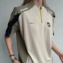 Threebooy Half Zip Contrast Color Stitching Short Sleeves Unisex Summer New Outdoor Sports Jersey American Street Trend Y2k T-Shirt