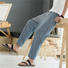 Threebooy Men's Casual Pants Summer Thin Linen Pants Loose Striped Nine-point Pants Straight Sports Pants Cotton Linen 9-point Pants