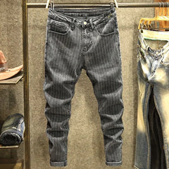 Threebooy Spring and Autumn New Classic Fashion Retro Striped Small Foot Pants Men's Casual Slim Comfortable High-Quality Jeans 28-36