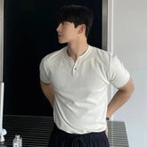 Threebooy New Men Luxury Henry Collar T-Shirt Leisure Slim Button-down Solid Color Short Sleeve Tops Korean Style Summer Breathable Tees