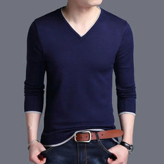Threebooy Autumn and Winter Korean Edition Fashion Trend Simple Thin V-neck Long Sleeve Casual Loose Oversized Men's Knitted Sweater
