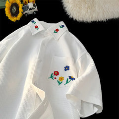 Threebooy Flower Embroidery Short Sleeve Shirt Harajuku Korean White Black Half Sleeve Casual Shirt Summer Tops
