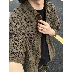 Threebooy Fashion Army Green Knitted Hollow out Shirt Men Streetwear Transparent Lapel Short Sleeve Button Camisas Sexy Men Clothing 2XL-M