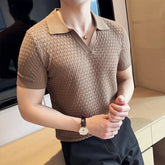 Threebooy New Trend Men Hollow Out Polo Shirt Light Luxury Popular Slim-fit V Neck T-shirt Leisure Short Sleeve Solid Color Retro Knitwear