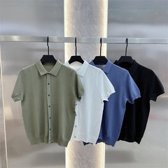 Threebooy Summer Polo Neck Ice Silk Short Sleeved T-shirt Men's Slim Fit Knitted Shirt Casual Business Tshirts Social Streetwear Tee