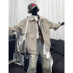 Threebooy Mens Loose Fit Streetwear Jacket Hip hop Dance Lapel Collar Spring Fashion Trendy Youth Urban Outerwear Stylish Coat