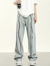 Threebooy High Street Vintage Washed Old Spliced Stripe Fashion Brand Jeans Men's Loose Versatile Straight Leg Wide Leg Pants