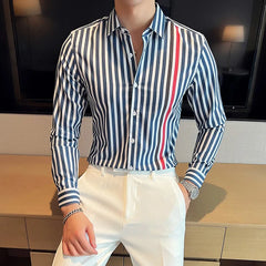 Threebooy Men High Quality Stripe Long Sleeve Solid Color Formal Business Shirt Slim Brand Male Social Turn Down Dress Blouses S-4XL