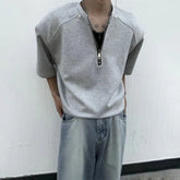 Threebooy Mens T-Shirt Half Zip Casual T-Shirt Fashion American Streetwear Solid Color Simple Leisure Short Sleeve Top Men'S Clothing