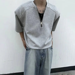 Threebooy Mens T-Shirt Half Zip Casual T-Shirt Fashion American Streetwear Solid Color Simple Leisure Short Sleeve Top Men'S Clothing