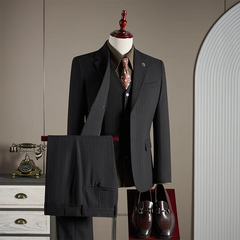 Threebooy High-quality, fashionable and stylish British-style banquet striped suit set, men's three-piece business casual suit
