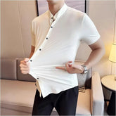 Threebooy Summer High Quality New Solid High Elasticity Seamless Short Sleeve Shirts Men Slim Social Casual Business Formal Dress Shirt
