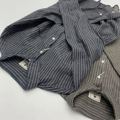 Threebooy Autumn Cotton Linen Striped Shirt For Men American Retro Breathable Workwear Tops Simple Long Sleeved Loose Cargo Shirt Jacket