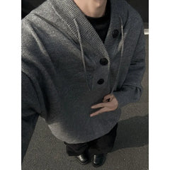 Threebooy 4Colors Mens Knitted Hooded Sweaters Solid Color Casual Pullover Spring Autumn Comfortable Buttons V-neck Loose Lazy Sweater