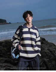 Threebooy American autumn and winter high street men and women trendy personalized striped lapel shirts for couples loose retro casual top