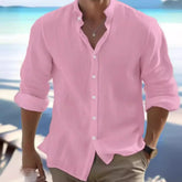 Threebooy Men's Linen Button-up Shirt Summer Beach Shirt Long Sleeve Plain Stand Collar Casual Everyday Clothing