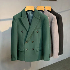 Threebooy Blazers Autumn Fit Men's Double-breasted Suit Jacket Casual Suit Collar Long Sleeves Pockets Buttons Solid Color Tops Blazer