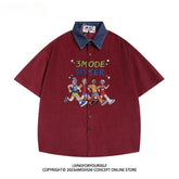 Threebooy Summer American Retro Athlete Embroidered Spliced denim Neck Short-sleeved Shirt Men Women Loose Trendy Tops Aesthetic Chic