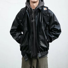 Threebooy 90s Streetwear Standing Collar Motorcycle Leather Jacket Cotton Coat Men's Loose Windproof New Thick PU Leather Jacket Jacket