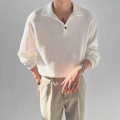 Threebooy New Trendy Waffle Men Polo Shirt Leisure High Quality Solid Color Long Sleeve T-shirt Korean Fashion Autumn Loose Basic Shirts