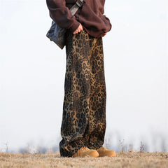 Threebooy Leopard Print Jeans Men Fashion Retro Wide Leg Jeans Men Streetwear Hip-hop Loose Straight Jeans Mens Vintage Denim Trousers