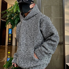 Threebooy Autumn Winter New Tweed Woven Heavy Hooded Sweatshirt For Men Fashion High-End Loose Pullover Versatile Casual Hoodie For Men
