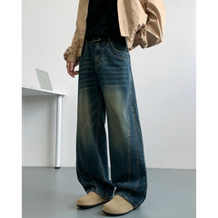 Threebooy Winter Nostalgic Blue Jeans Men Chic Patchwork Loose Casual Denim Pants Wide Leg Male Straight Mopping Trouser Streetwear