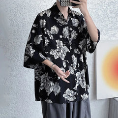 Threebooy Mens Shirts Floral Print Casual Shirts Summer Trend Streetwear Versatile Youth Breathable Five-Point Sleeve Tops Men'S Clothing