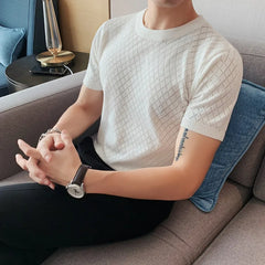 Threebooy New Style Men's Summer High Quality Short Sleeve knitted T-shirt/Male Slim Fit Plaid Leisure T-Shirts Tops Plus size S-4XL