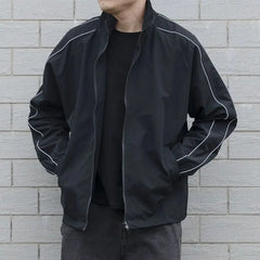 Threebooy Jackets Men Autumn Pockets Casual Patchwork Loose Windbreaker Stripe Zipper Stand Collar Waterproof Outdoor Sports Bomber Jacket