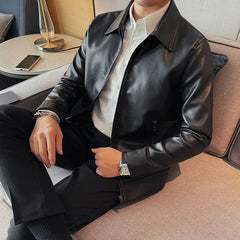 Threebooy Mens Fashion Leather Jacket Slim Fit Stand Collar PU Jacket Male Anti-wind Motorcycle Zipper Jackets Men 4XL-M