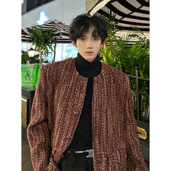 Threebooy Round Collar Tweed Blazers Cardigan Men's Autumn Collarless Short Jacket Korean Style Chic Fashion Elgance Coat Handsome Jackets