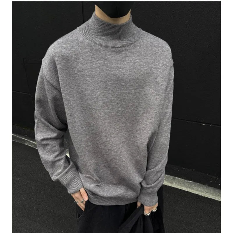 Threebooy Men's Light Luxury Knit Mock Neck Sweater Autumn Winter Fashion Korean Long Sleeve Streetwear Leisure All-match Knitwear