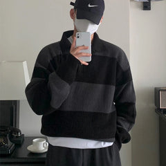 Threebooy Men's Casual Knitted Printed Pullovers Sweater Luxury Vintage Loose Button Lapel Striped Long Sleeve Autumn Clothing New