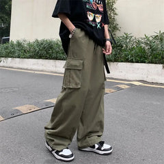 Threebooy Street Personality Trendy man Cargo Pants Casual Fashion Drawstring Design Pants Autumn New High Waist Trousers
