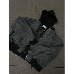 Threebooy American retro workwear jacket men's spring autumn new design fake two-piece hooded leather jacket top