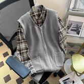 Threebooy American Style Knit Cardigan Vest With Zipper Unisex Round Neck Loose Fit Couple Outerwear Solid Color Spring Autumn Fashion Top