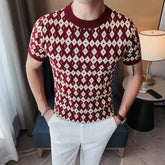 Threebooy Korean Style High Quality For Men Plaid Short Seeve Knit Sweater/Male Slim Fit Fahion O-Neck Set head Knit Sweaters Homme