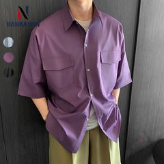 Threebooy Over Size Men's Short-Sleeve Shirt, Loose Casual Japanese and Korean Style Coat,Outdoor Camping Shirt