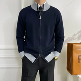 Threebooy British Style Slim-fit Sweater with Stand-up Collar American Casual Color-blocked Zipper Cardigan Woolen Top Trendy Jacket Chic