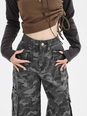 Threebooy Retro High Street Loose Wide Legs Camouflage Overalls Women New High Waist Slouchy Straight Baggy Jeans Women Streetwear